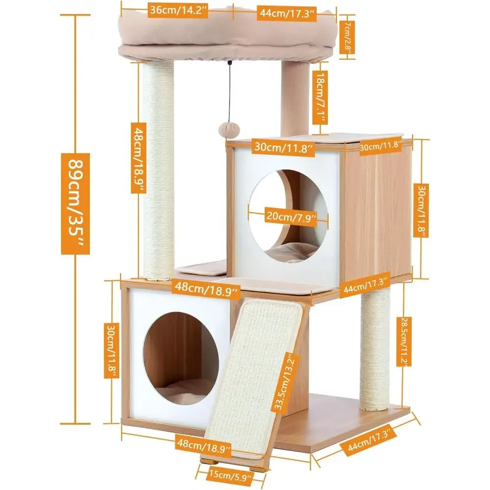 35 Wooden Cat Tower with Double Condos, Spacious Perch, Wrapped Sisal Posts, Replaceable Balls - Walnut - view 3