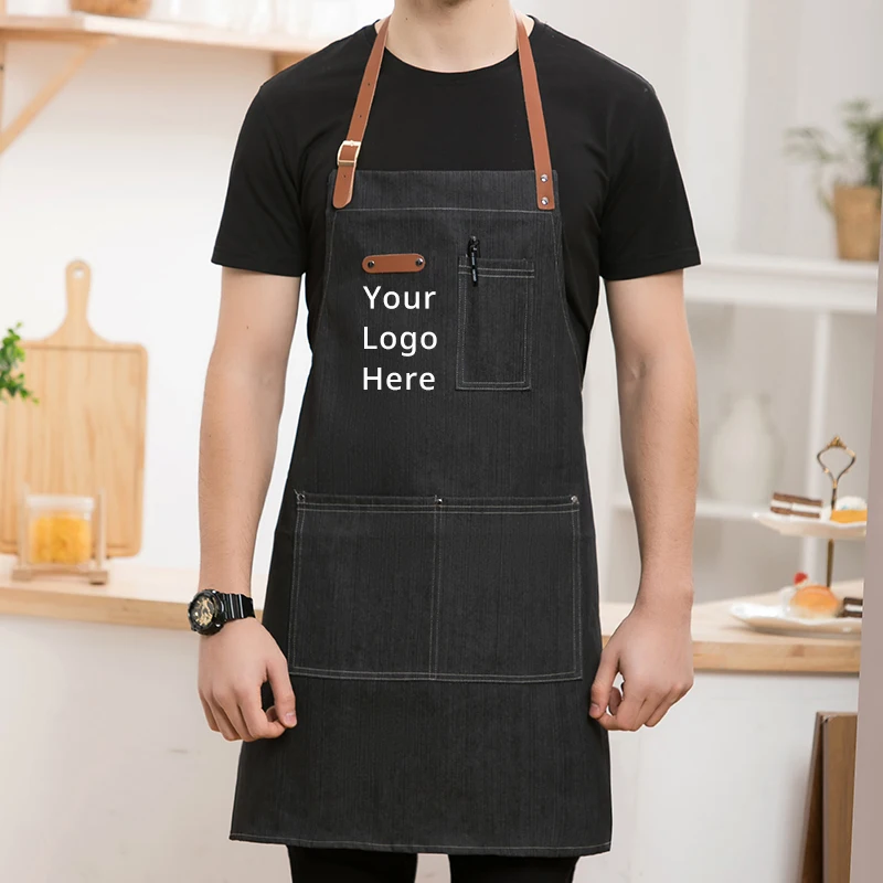 High Quality Jeans Apron Logo Customized Chef Barista Waiter Work Aprons Leather Strap Men Women Mandil Garden Cleaning Smock