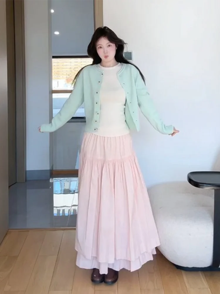 High Waist A-Line  Skirt Casual Sweet Girl Pink Spring New Style MARIE Brand Women's Polyester Fiber Cleanfit Splice Skirt