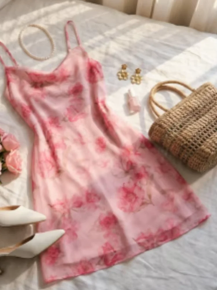 

Women Sexy Pink Floral Sling Short Dress Chic Sleeveless Off-shoulder Cowl Neck Spaghetti Strap Dresses Lady Summer Vestidos New