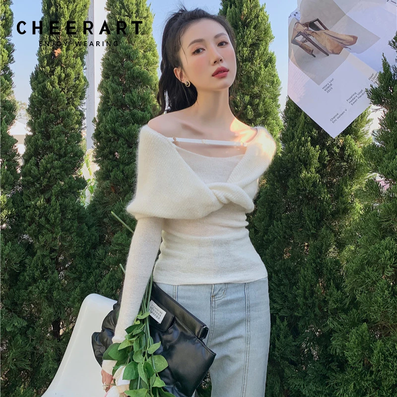 CHEERART Mohair White Off The Shoulder Knit Top 2022 Fashion Korean Fashion Ladies Knot Pullovers Knitted Designer Sweater