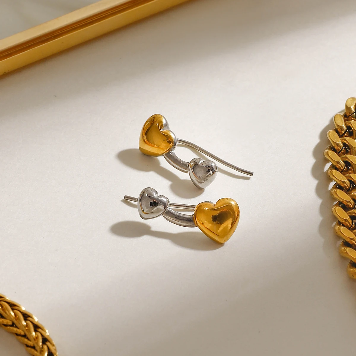 AIKOER Two Tone Heart Climber Earring My Other Half 18k Gold Color Plated Stainless Steel Heart Ear Studs Women's Jewelry Gift f