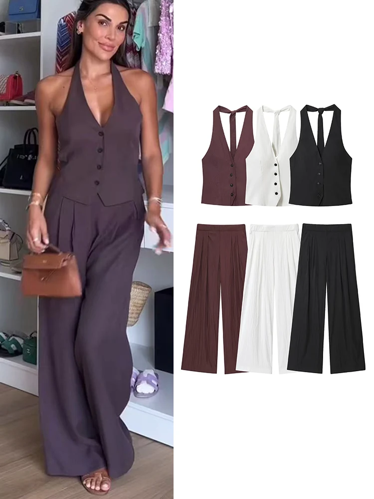 

TFMLN женские широкие брюки, комплект из 2 предметов, однобортный жилет без рукавов с лямкой на шее, топы + прямые брюки с высокой талией, OL наряды