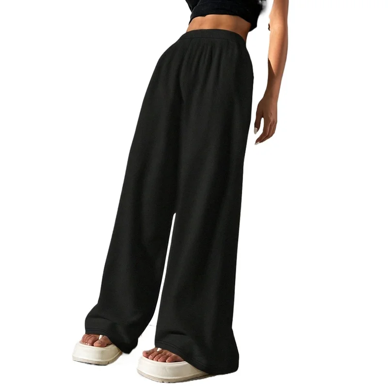   2025年 クラシックでシックなワイドレッグパンツ レディース ゴムウエスト 通気性 スリム ブラック デイリー オフィス カジュアル