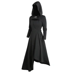 2024 Women's Gothic Dresses Cut Out Asymmetric Hooded Dress Long Sleeve Solid Color Buckle Strap Midi Dress Black Dress
