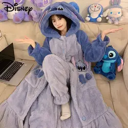 Disney Stitch Coral Velvet Sleeping Robe Korean Version Cute Fashion Thick Nightwear Women's Winter New Flannel Home Clothes Set