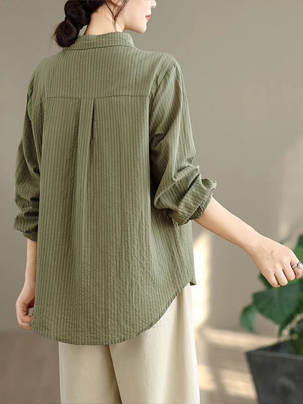 خريف 2025 قطن طويل Sve للنساء irt عتيق طبقة قاعدة مخططة بأزرار وياقة غير متماثلة مقاس كبير