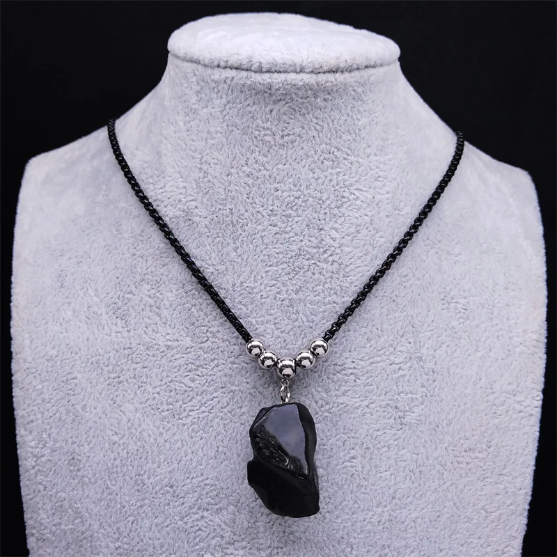 Boho Obsidian Naturstein Perle Glück Halskette Anhänger Frauen Edelstahl Schwarz Farbe Kette Halskette Mode Schmuck NGG47-1 – Detail 5