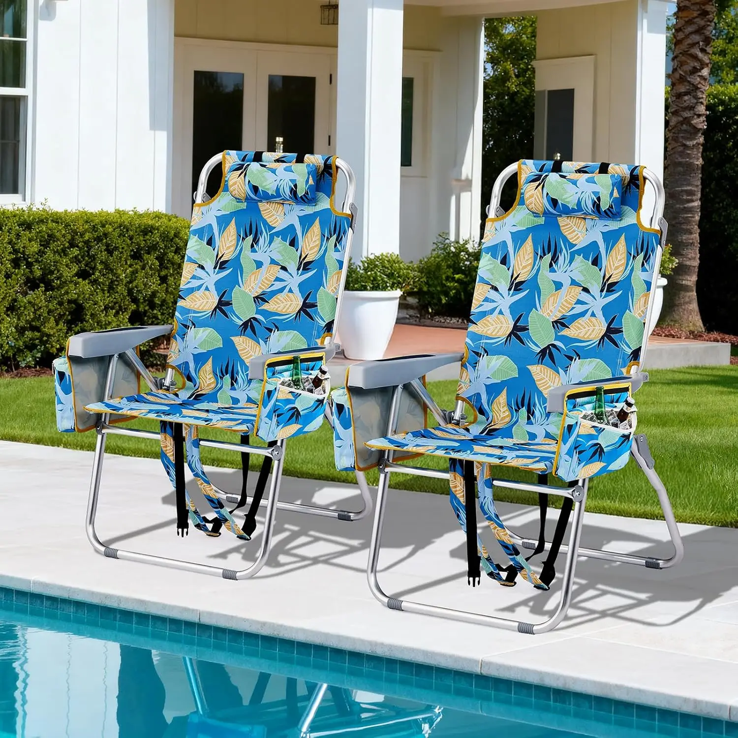 Tall Beach Chair 2 Pack Lightweight, Backpack Beach Chair for Adults with 5-Position, Cooler Bag, Cup Holders,, Customized