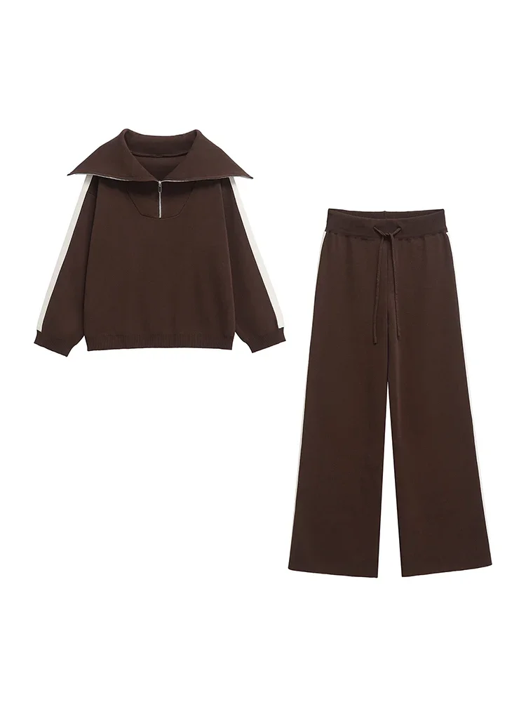 

Женский модный комплект из 2 предметов, коричневые пуловеры, толстовки и винтажные брюки с высокой эластичной резинкой на талии, шикарные женские брюки, комплекты