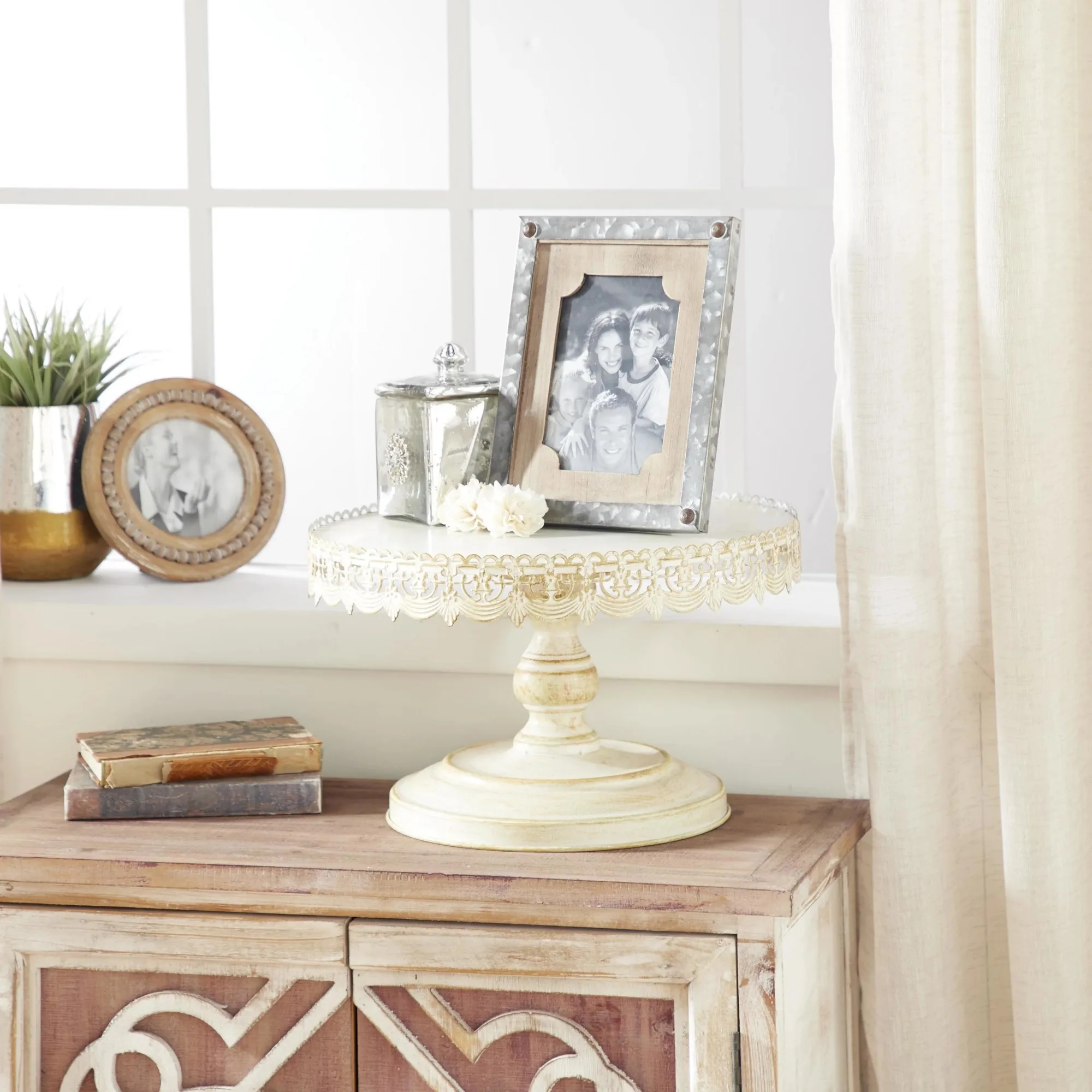 

16" x 9" Cream Metal Floral Decorative Stand with Lace Inspired Edge, 1-Piece