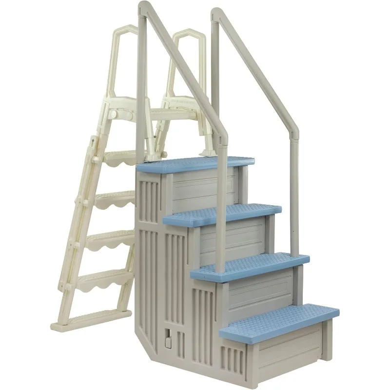 Aqua Select Anti-Slip in-Pool Safety Stairs with Outside Flip-Up Ladder | Cloud Gray w/Tranquil Blue Steps | for Above Ground
