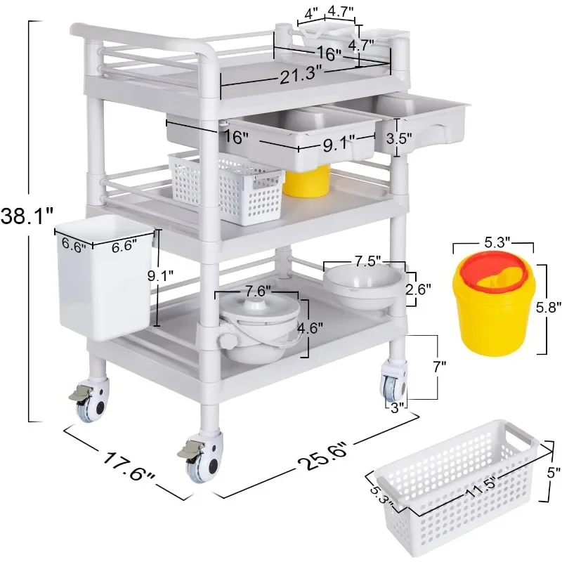 Mobile Medical Carts  with Wheels Drawers Dirt Bucket Sharps Box Storage Basket for Hospital Dental Clinic Home