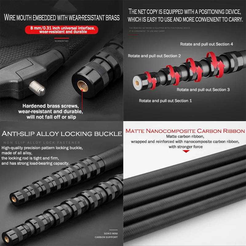 VWVIVIDWORLD Brand,1.7m-3.35m,Portable,3 Layer Carbon Fiber,Fishing Hand Net,Foldable Telescopic Pole Handle,Fishing Gear