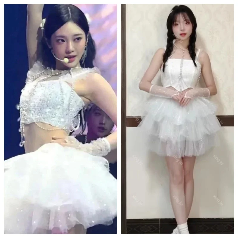 

Korean Singer Women Kpop Outfits Sexy Lace Pearls Sling Vest Slim Crop Tops White Mesh A-line Tutu Skirt Nightclub Rave Clothes