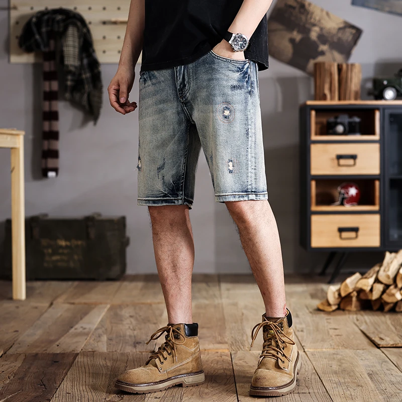 Marca americana de moda masculina shorts jeans finos, perna reta, calças quartas, com lavagem retrô, calças médias, verão