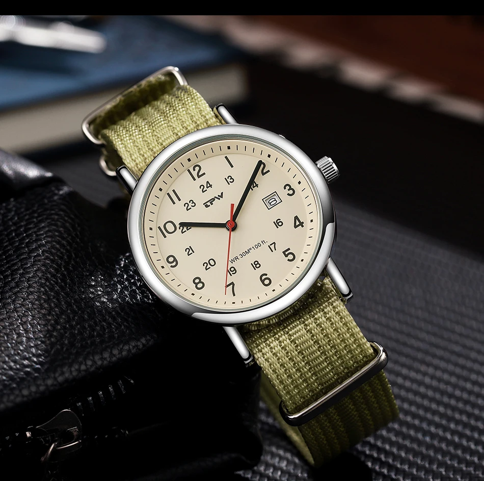 2026 TPW Felduhr Leicht ablesbares Stoffarmband 24-Stunden-Anzeige Quarzwerk Tagesfunktion – Detail 8