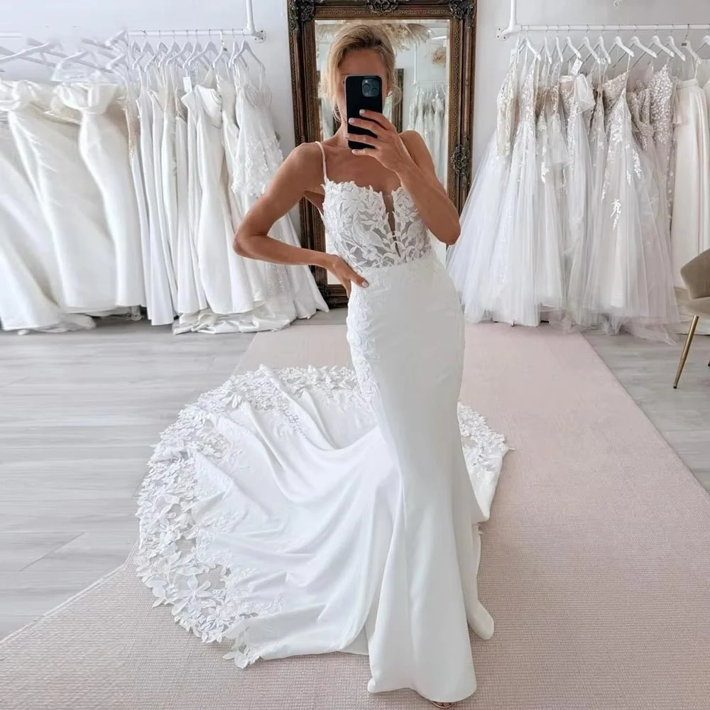 

Customized Exquisite V Neck Lace Applique Wedding Gown Charming Mermaid Spaghetti Strap Bridal Dresses Vestidos De Noiva