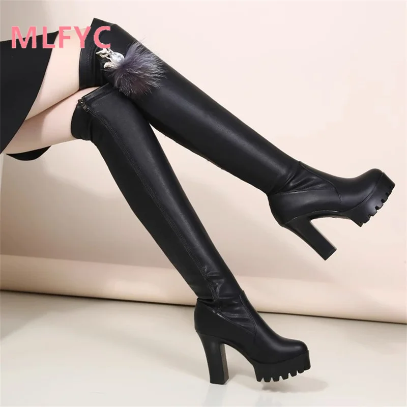 

Fashion Boots 2023 Autumn/Winter New Black Slim and Warm Water Diamond Plush High Heel Elastic Knee Length Boots for Women