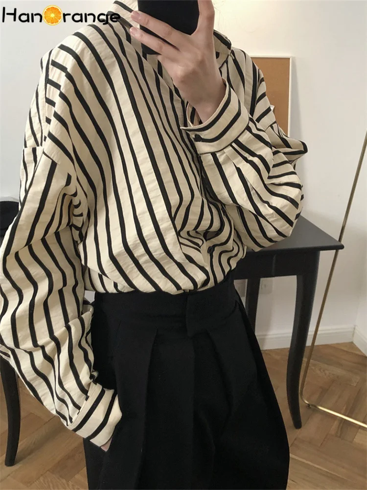 HanOrange 2024 Spring Autumn Palace Vintage Striped Shirt Women Lapel Loose Lazy Comfortable Top Female White/Black