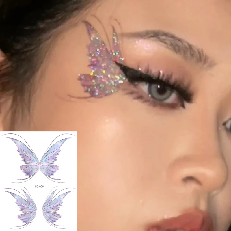 3D Fee Vlindervleugels Glanzende Tattoo Sticker Waterdichte Ogen Gezicht Body Art Nep Tatoeages Voor Vrouwen Make-up Dans Muziek Festival