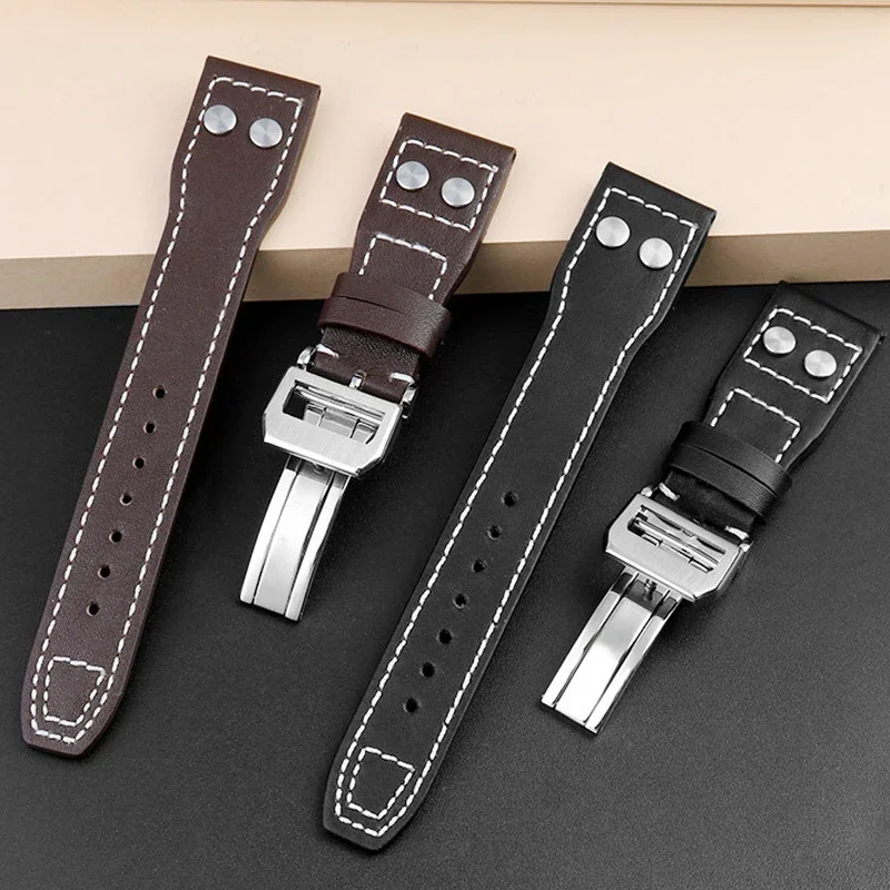 สําหรับนักบิน IWC Cowhide สร้อยข้อมือ 22 มม.21 มม.20 มม.หนังแท้เหล็กพับหัวเข็มขัดสายรัดข้อมือสีดําอุปกรณ์เสริม