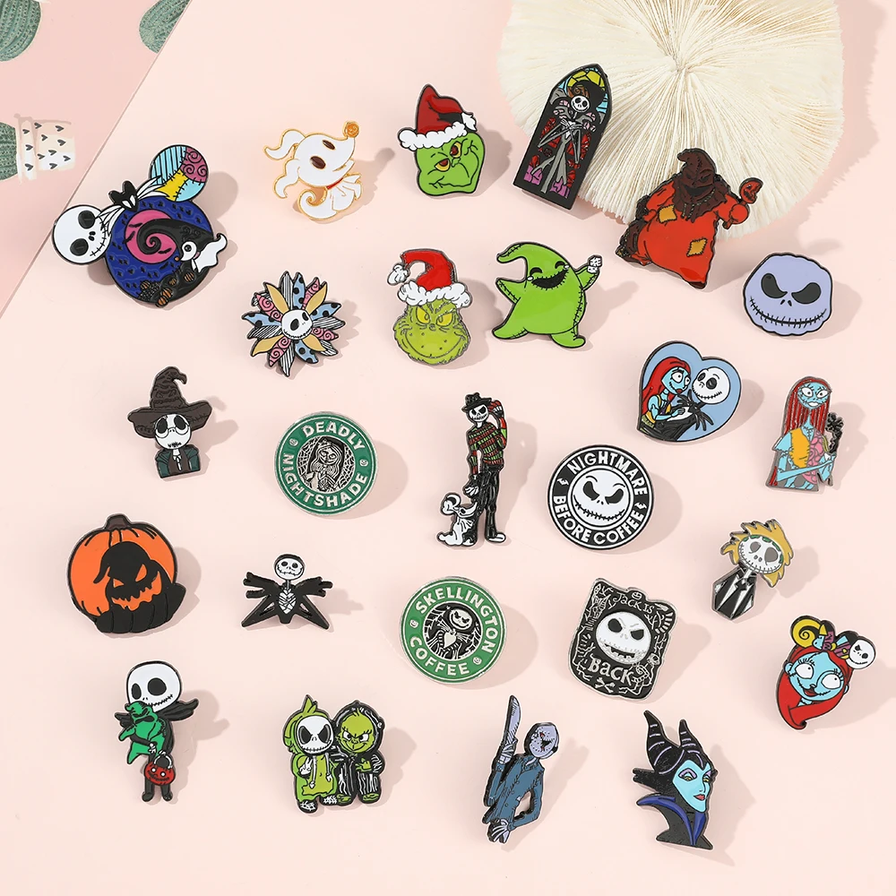 5 Pcs Anime Skeleton Jack Sally Brooch Cartoon The Nightmare Before Christmas Enamel Pin Fashion Metal Badge Jewelry Backpack Cl