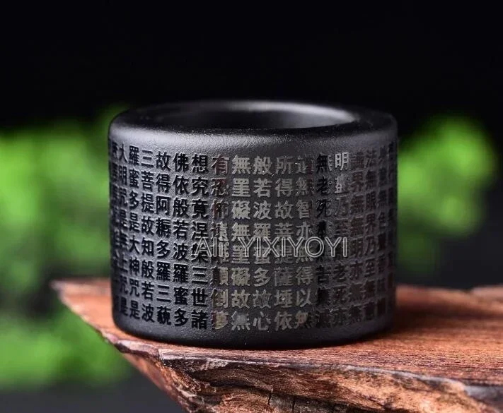 Wonderful 35mm Outside Natural Black Obsidian Carved Lucky Lotus Buddhism Heart Sutra Large Thumb Ring Fine Man\'s Rings Jewelry