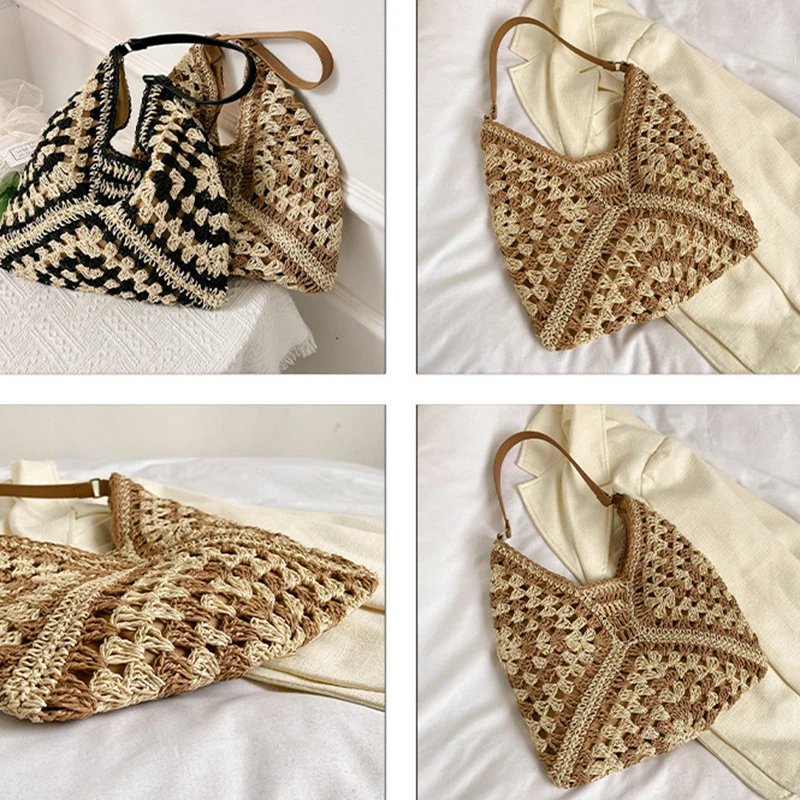 Popular Women's Woven Straw Shoulder Bag Medium Size Handbag With Handle For Beach Vacation