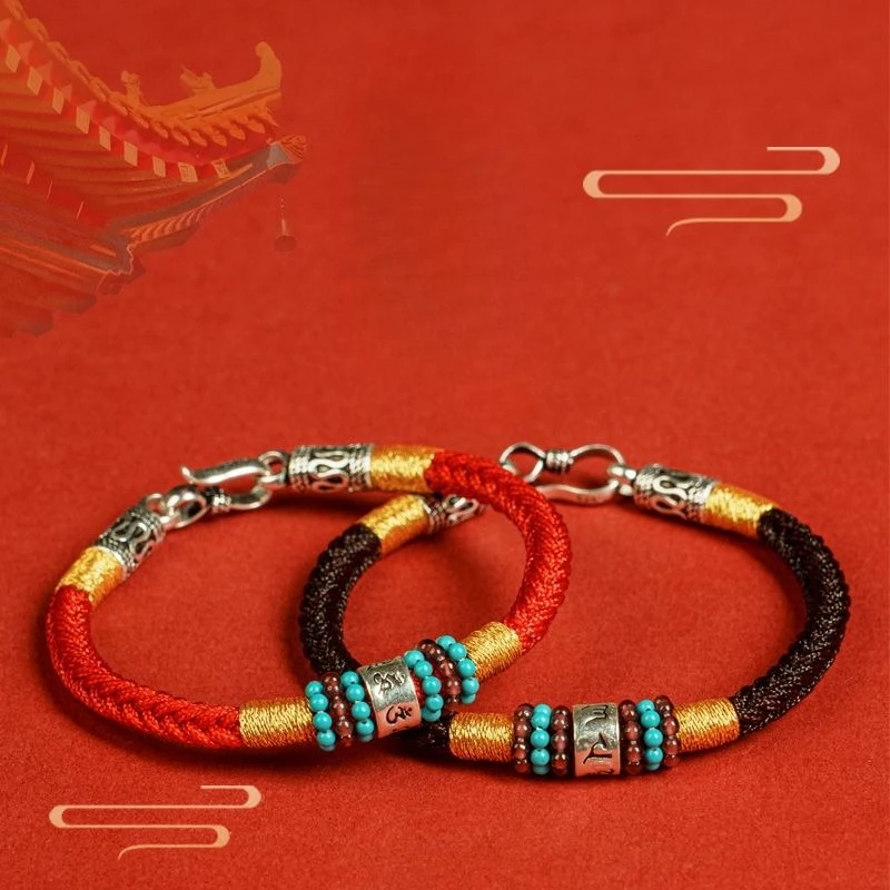 925 Silver Auspicious Bead Six Word Mantra Bracelet Handmade Braided Red String Unisex Zodiac Year Peace Blessing Wrist Jewelry