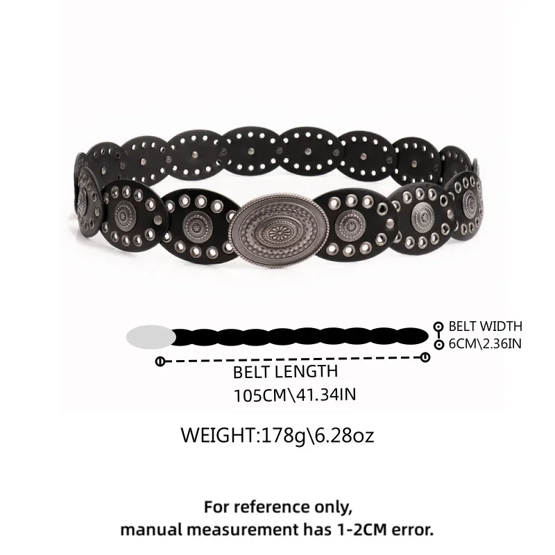 Nowy 1 szt. damski pasek w stylu retro z owalnymi elementami patchworkowymi, w stylu bohemy, rzeźbiony w stylu pustynnym, w stylu kowbojskim, jako dodatek do sukienki.