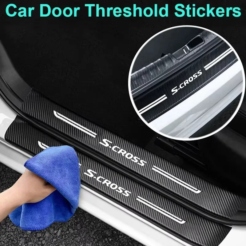 Car Door Threshold For Suzuki S-Cross Logo Front Rear Door Fiber Trunk Rear Bumper Protect Plate Anti Scratch Trim Accessories