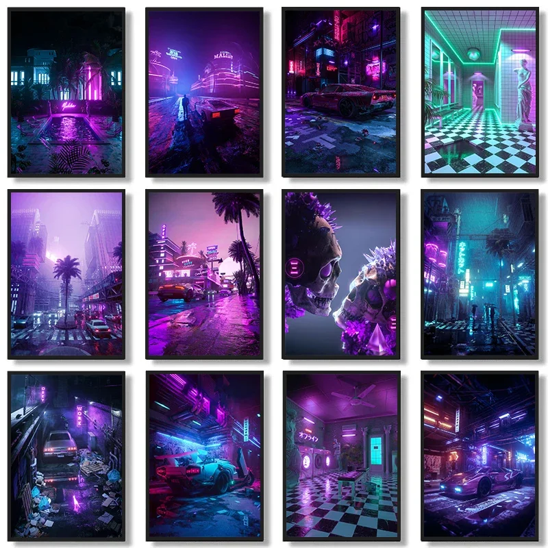 Neon Light Purple Steampunk Posters Racing Car Psychedelic Night Wall Art Prints Vintage Fascinate Canvas Painting Home Decor