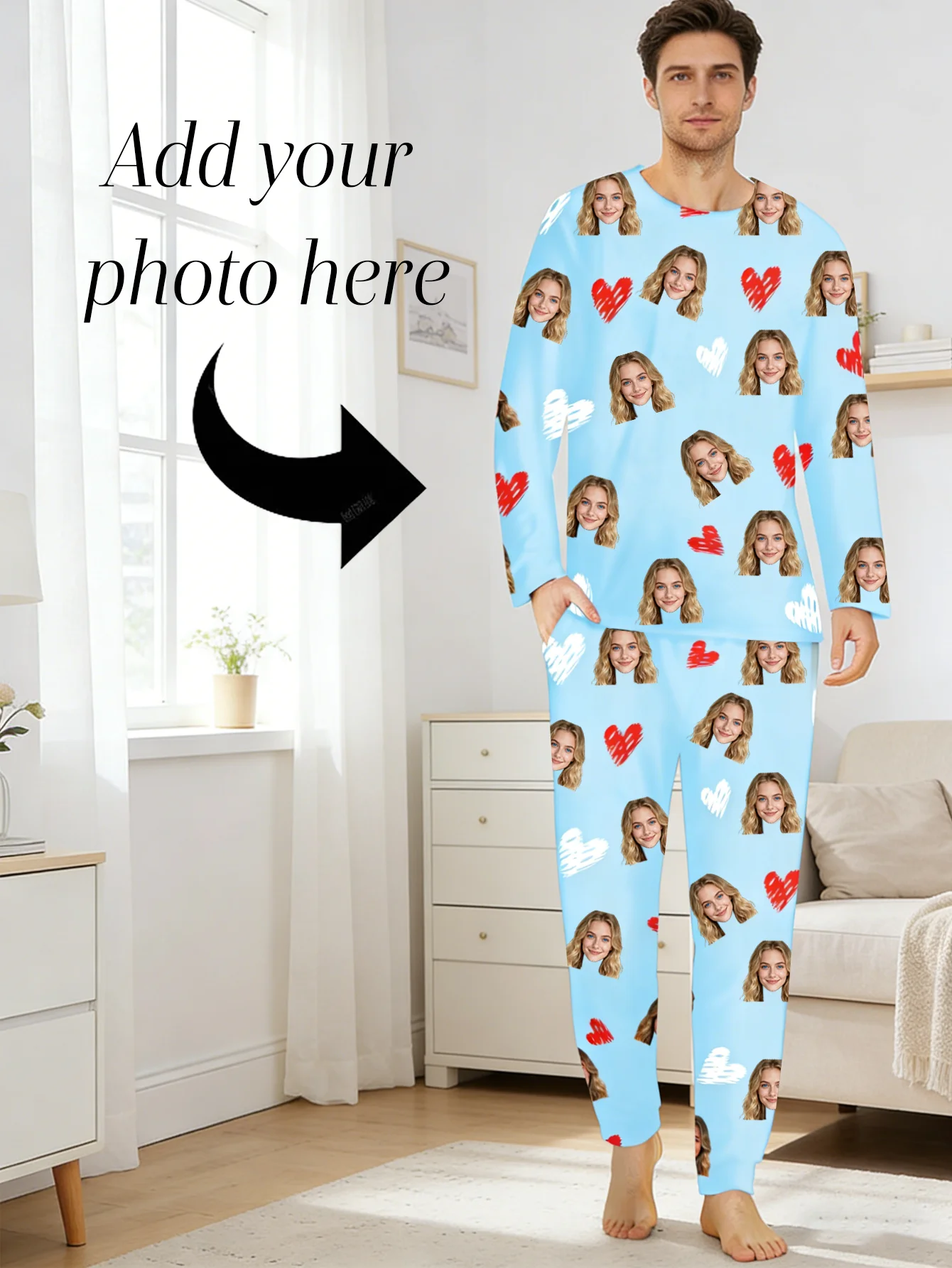 Customized face shaped pajamas with red and white hearts, universal personalized pajamas, Valentine's Day gift