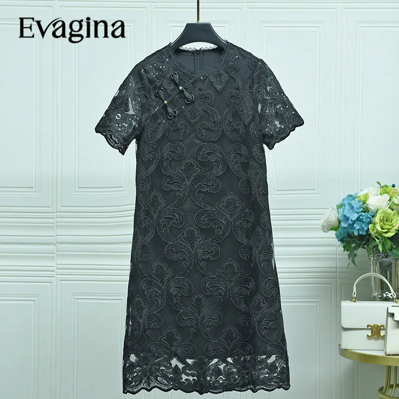 

Evagina Chinese Style Embroidery Knee Length dress Spring Summer Women's New Short Sleeve Banquet Dresses