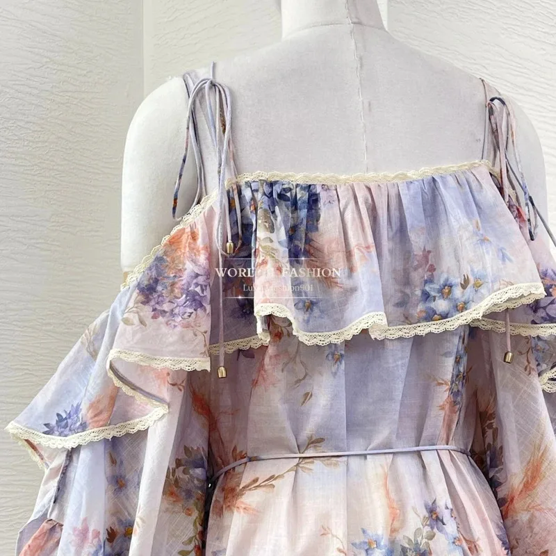 Violet Purple Petal Sleeves Floral Print Long Sleeve Ruffles Frilled Off The Shoulder Mini Dress