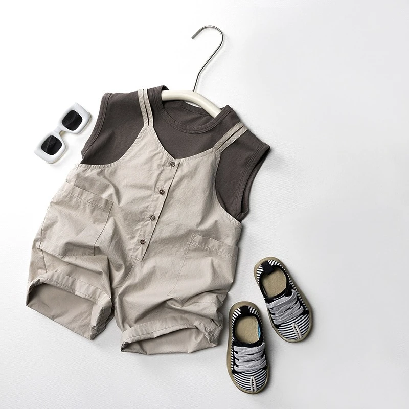 Childrens Summer Overalls 2025 New Korean Fashionable Casual Daily Solid Color Pants Boys Girls All-match Clothes