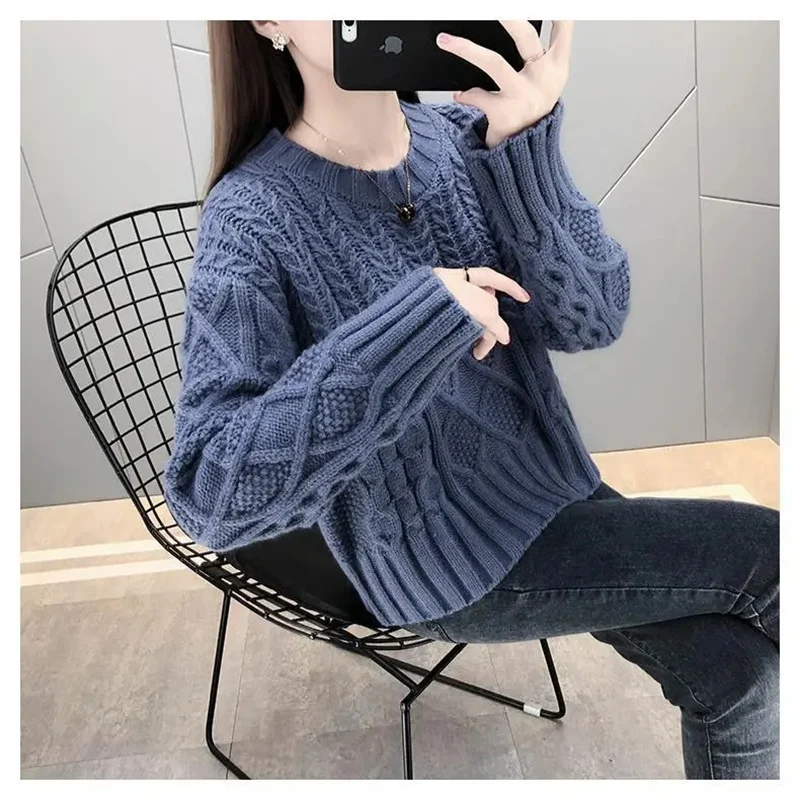 

Autumn Winter Women Short Knitting Coat 2024 Female Long Sleeved Sweater Jacket Ladies Solid Color Round Neck Pullover Knitwear