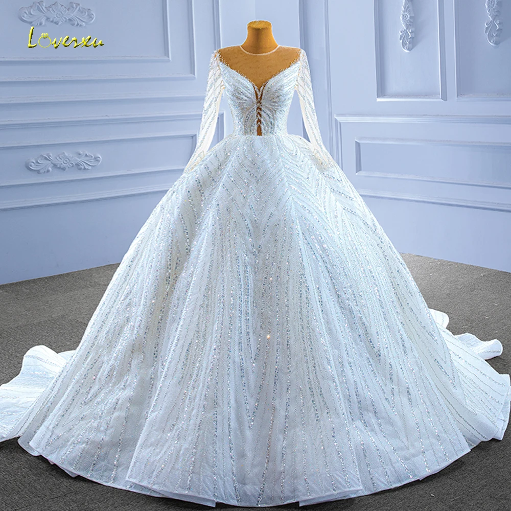 Loverxu Ball Gown Luxury Shiny Wedding Dresses O-Neck Long Sleeve Vestido De Novia Lace Sequined Vintage Custom Made Bridal Gown