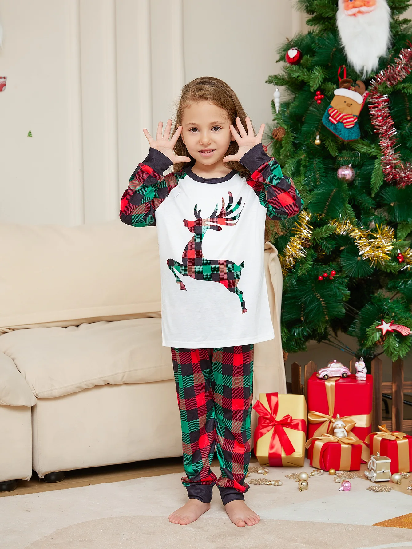 2024 Christmas Matching Family Pajamas New Year Elk Plaid Printed Pj\'s Set Baby Jumpsuit Xmas Pyjamas