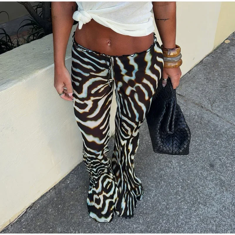 Sexy Zebra-Gestreiftes Langarm-Oberteil und Schlaghosen-Set für Damen, Schlanker V-Ausschnitt Einreihige Weste, 2-teilig, Sommer 2026 Strand-Urlaubsoutfit – Detail 11