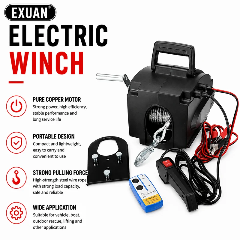 12V Portable Electric Winch Heavy Duty Steel Wire Rope Puller with Remote Control for Car Boat Trailer Rescue Lifting