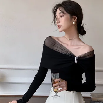 Lelart 겨울 새로운 우아한 순수한 섹시한 오프 숄더 패치 워크 메쉬 진주 스웨터 탑 니트 