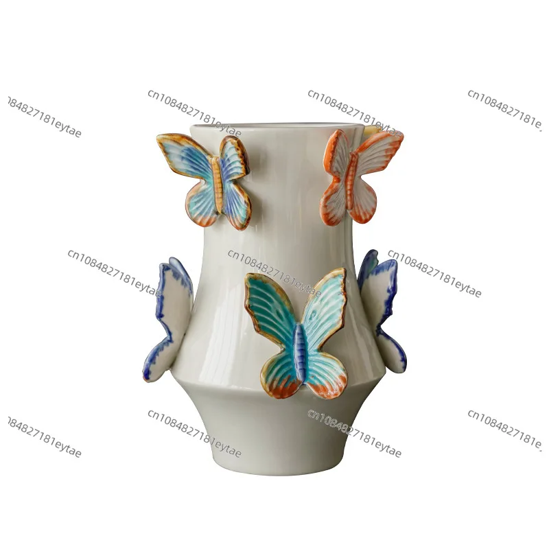 Ceramic Vase Relief Butterfly Handmade Porcelain Bottle Flower Arrangement Accessories Flower Vase Butterfly Flowerpot