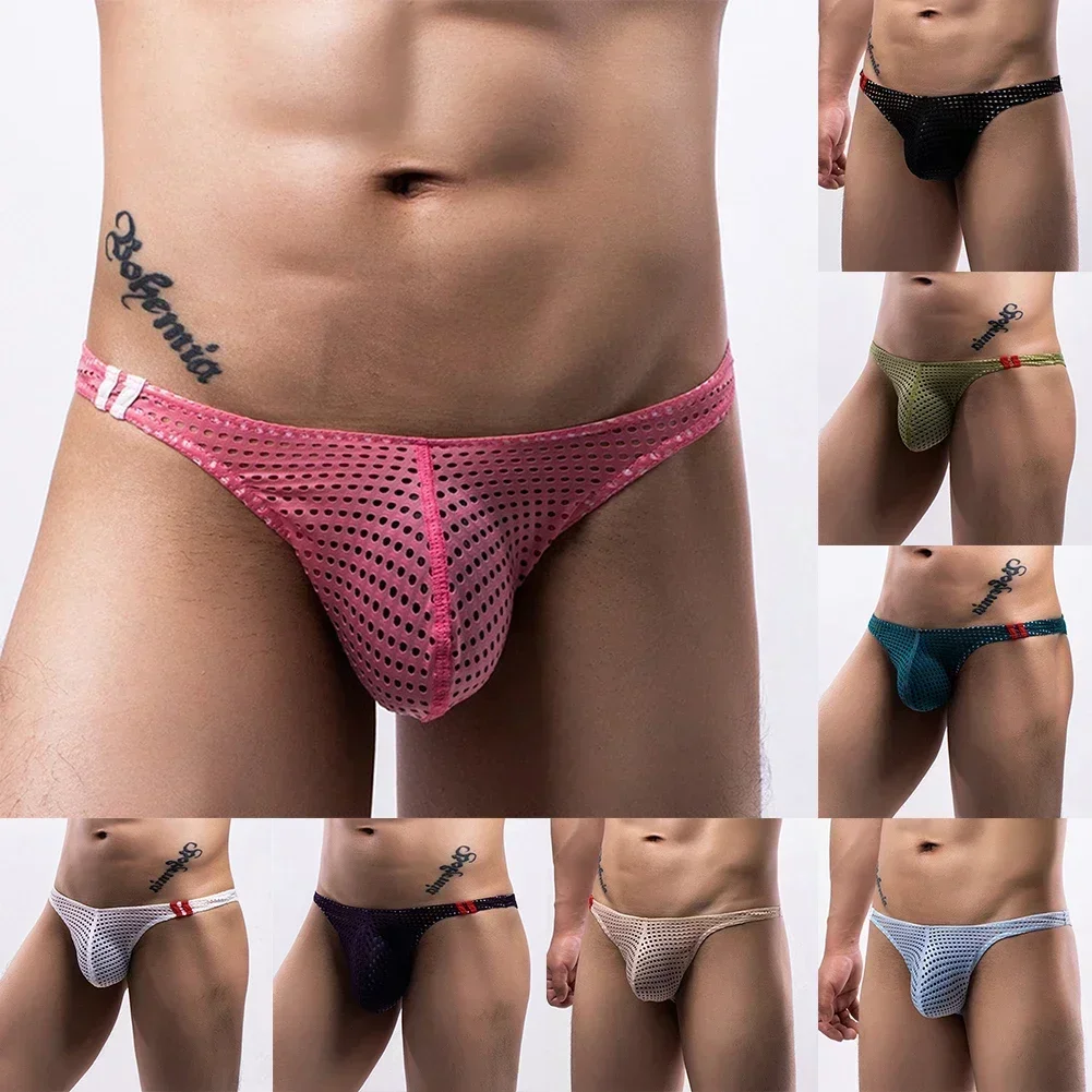 Summer Breathable Mens Sexy Pouch Thongs Mesh Swim Low-Rise Bikini Underwear Briefs See Through Male Underpants Panties