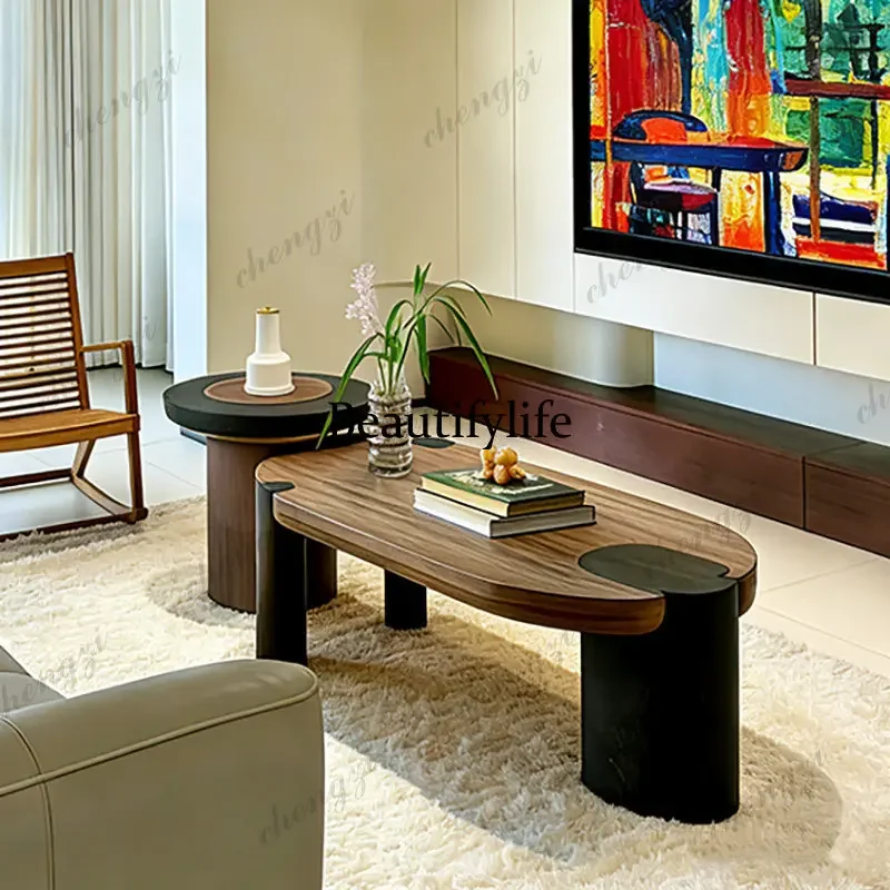 03 Wabi Sand Oval Designer Walnut Coffee Table Embedded Vintage Combination Living Room Home Modern