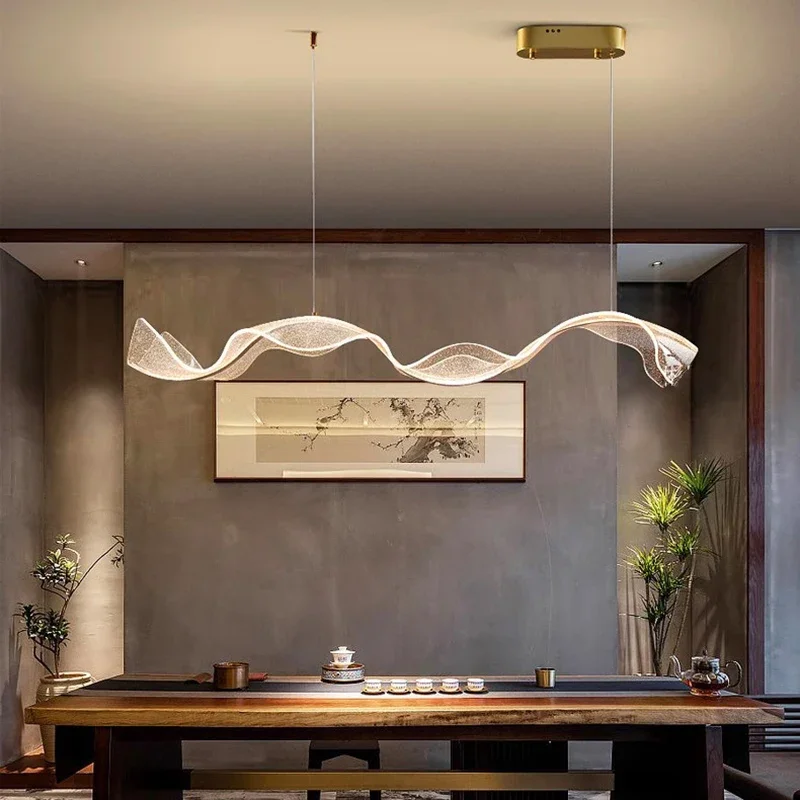 LED Hanging Pendant Light Acrylic Wave Ceiling Chandelier for Hotel Lobby Bar Tea Room Restaurant Indoor Lighting Fixture Decora