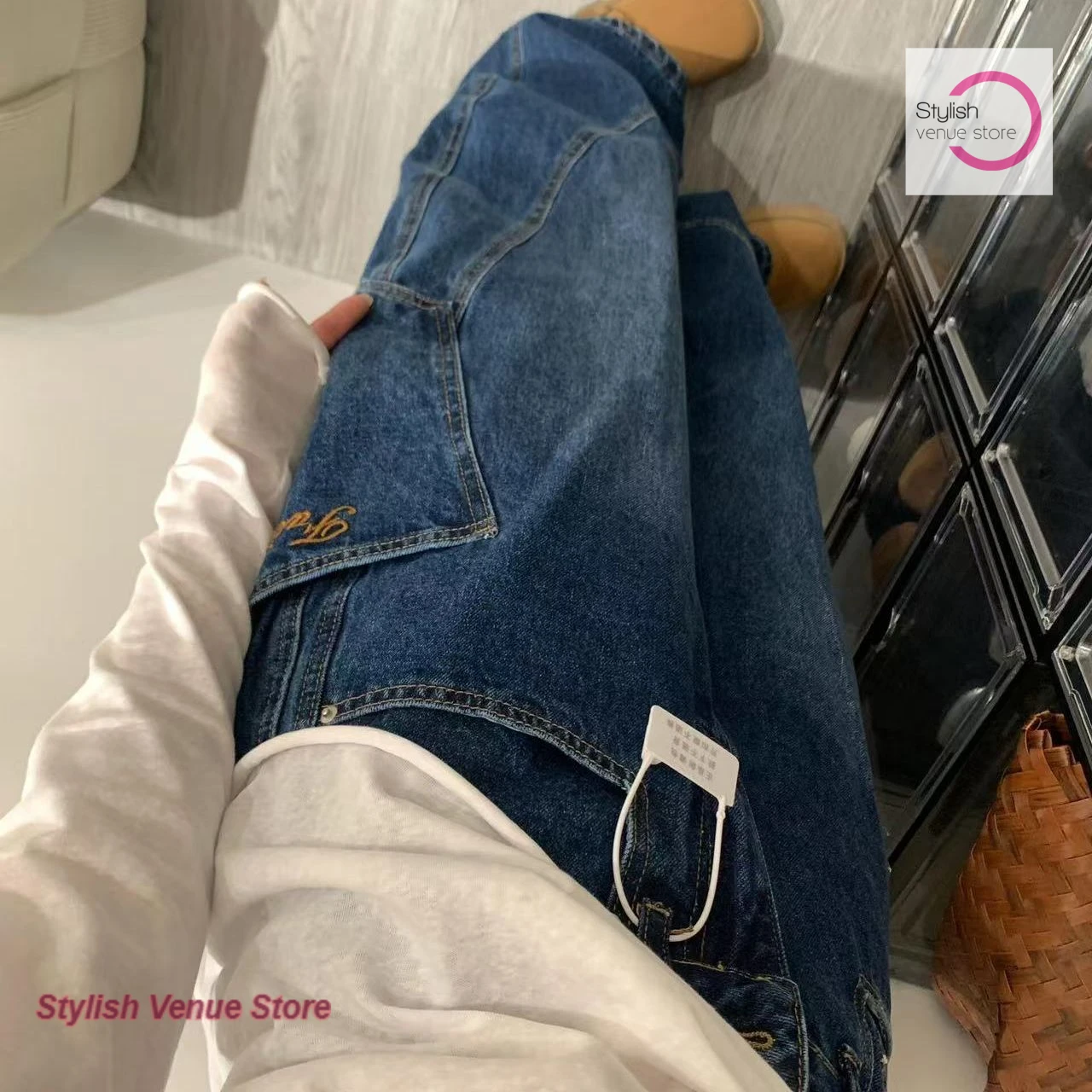 American retro old tooling jeans embroidered machete women's spring and autumn fashion high-grade letter sickle wide-leg pants
