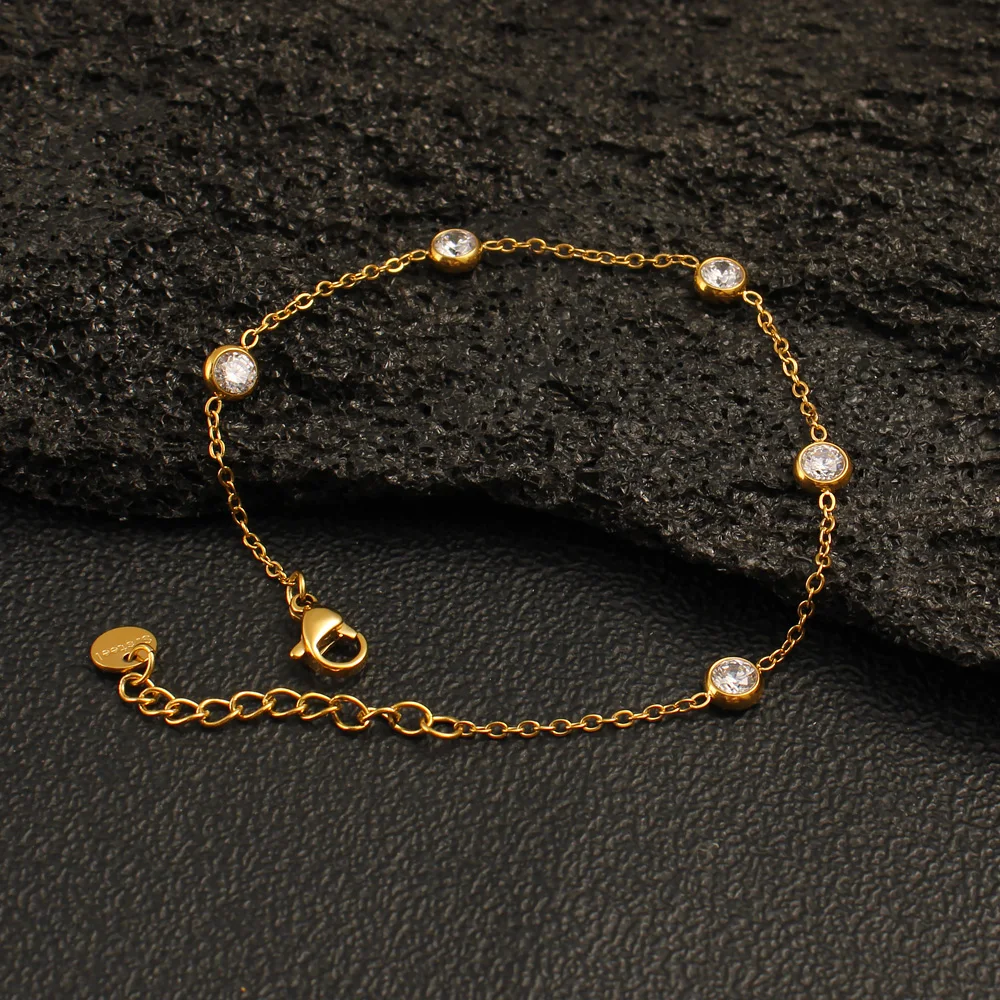 Minimalist Simple Cubic Zirconia Inlaid Chain Jewelry Set Women Couple Chic Stainless Steel Bracelet Necklace Daily Wear
