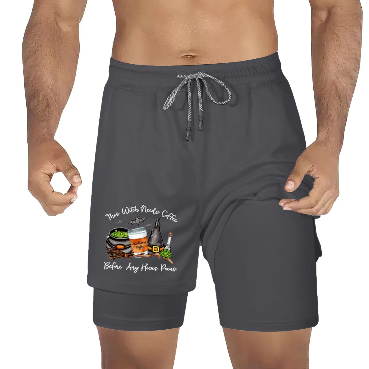 2024 Halloween Hexe bedruckte Shorts 2-in-1 schnell trocknende atmungsaktive Lauf Fitness Fitness Training Doppels chicht Shorts XS-3XL